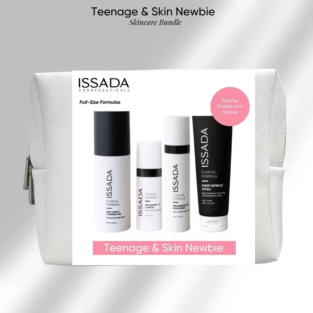 ISSADA skincare bundle for teenagers and skin newbies with a white bag on a light gray background.