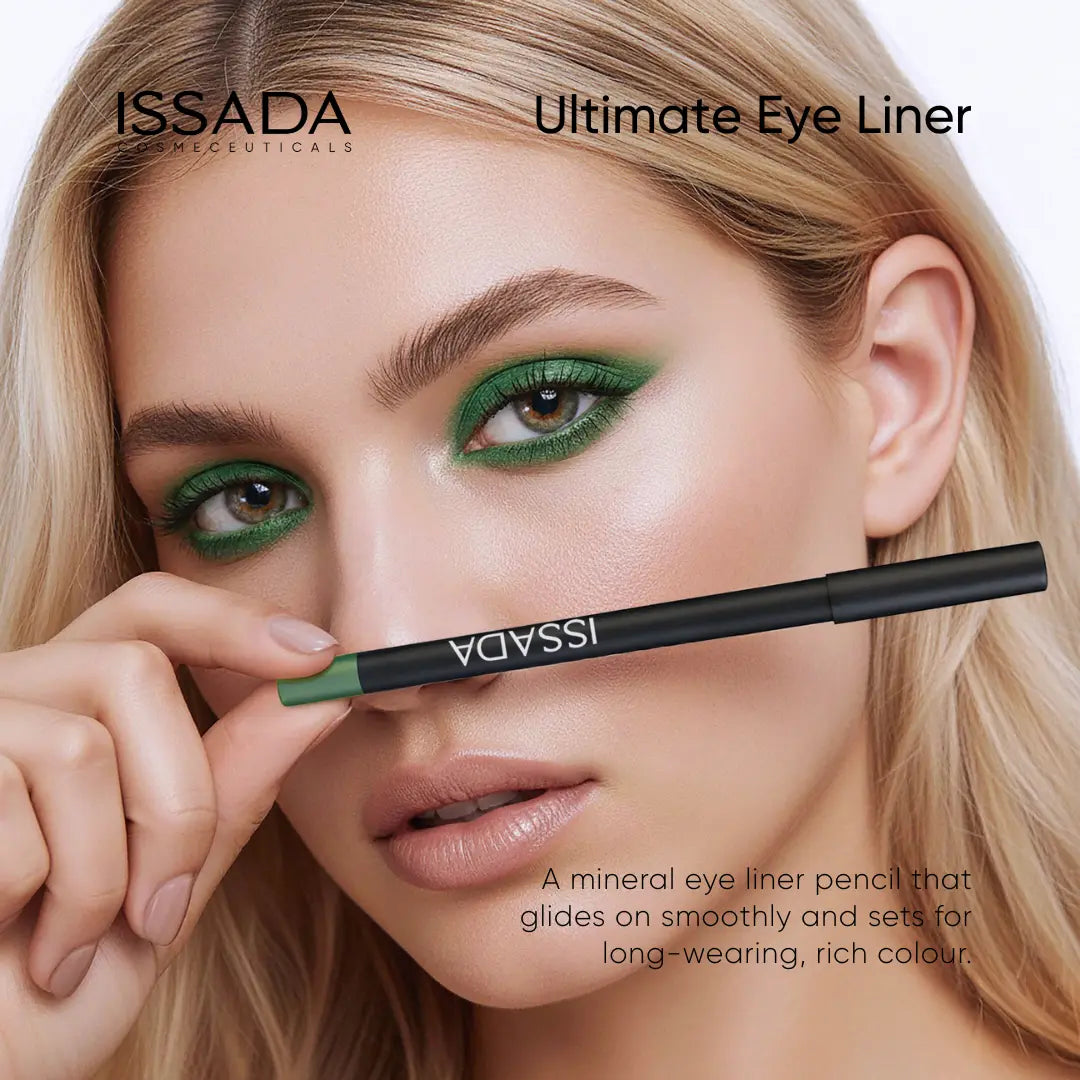 Woman applying green eye liner with ISSADA pencil, featuring the brand name.
