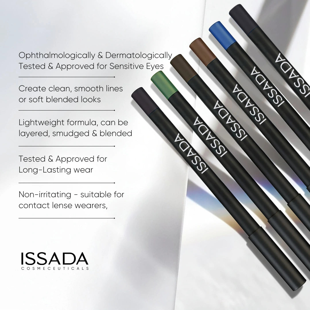 ISSADA Ultimate Eye Liner pencils displaying ophthalmologically tested, long-lasting, non-irritating formula suitable for sensitive eyes