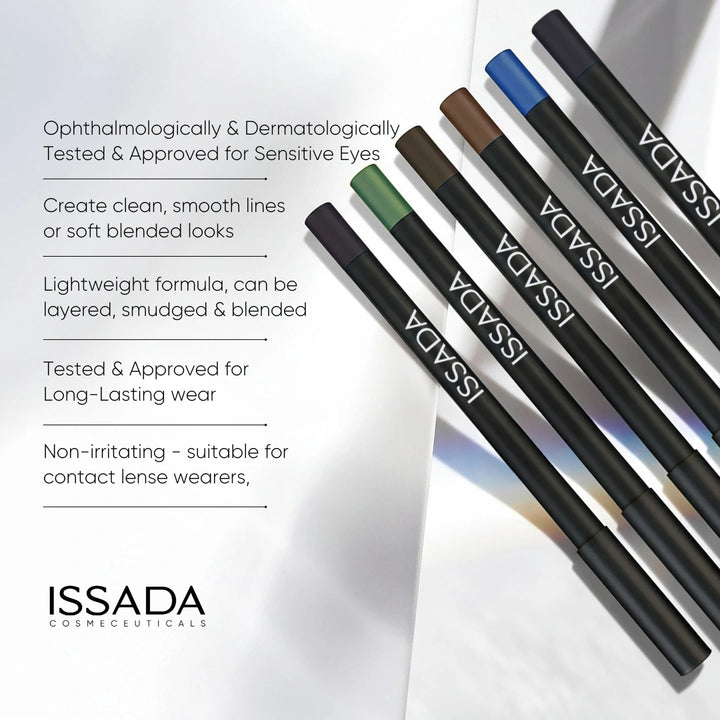 ISSADA Ultimate Eye Liner pencils displaying ophthalmologically tested, long-lasting, non-irritating formula suitable for sensitive eyes