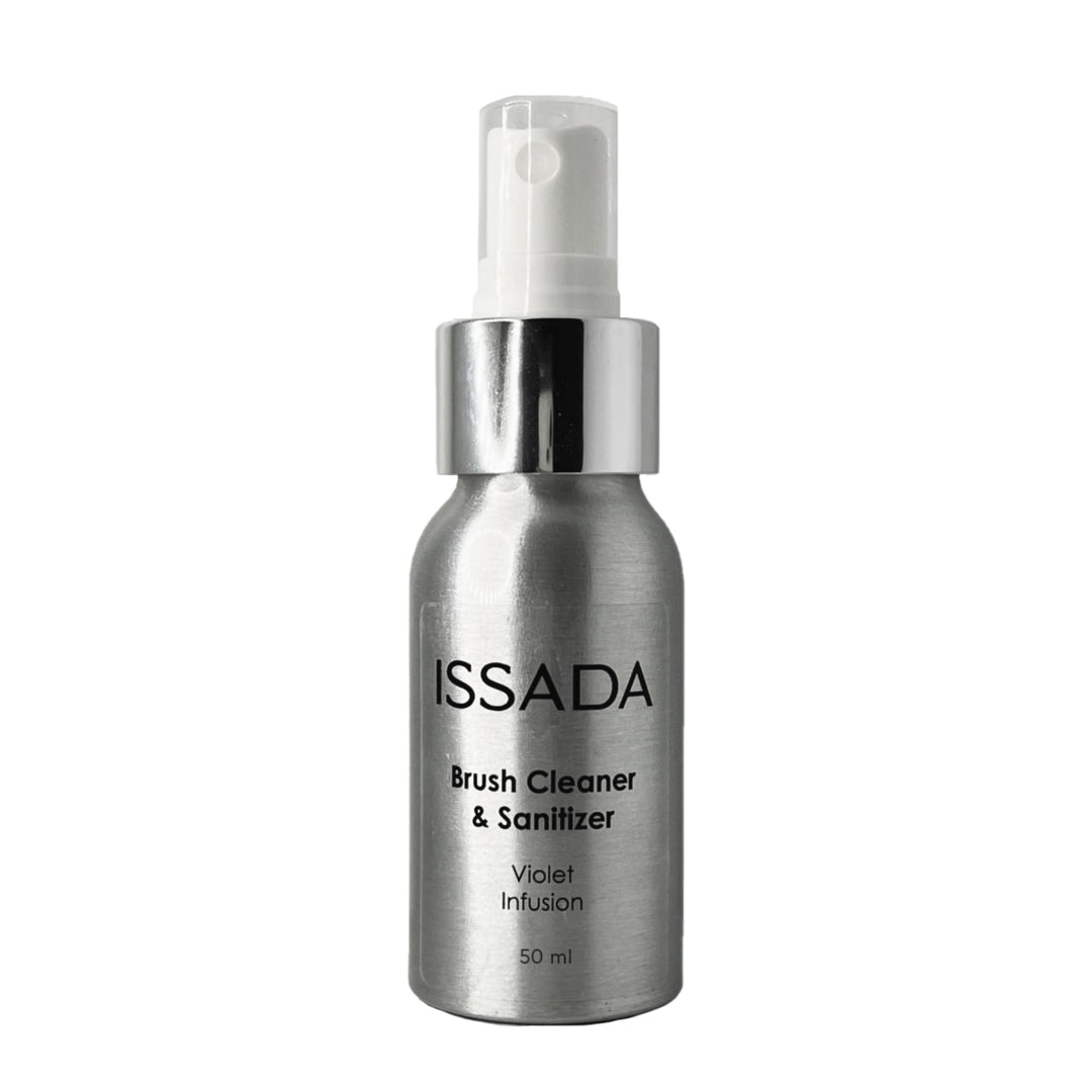 Issada Brush Cleaner Sanitiser 50ml—fast-drying, Australian-made formula that removes makeup residue and kills bacteria instantly. 