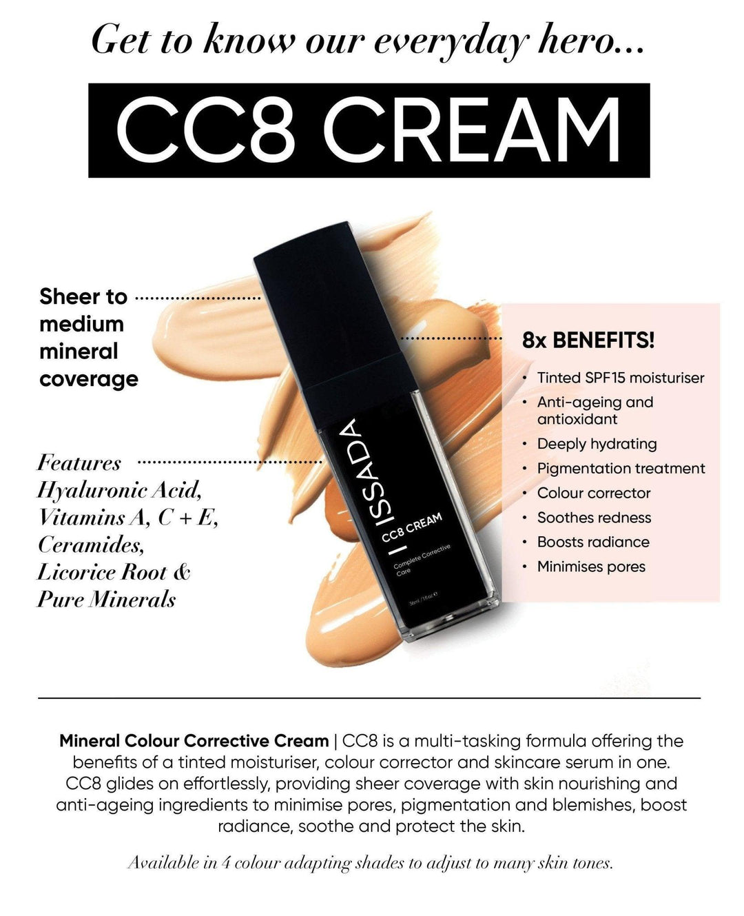 Australian-formulated CC8 Cream Tinted Moisturiser delivers hydration, sun defence, and natural-looking coverage in one step.