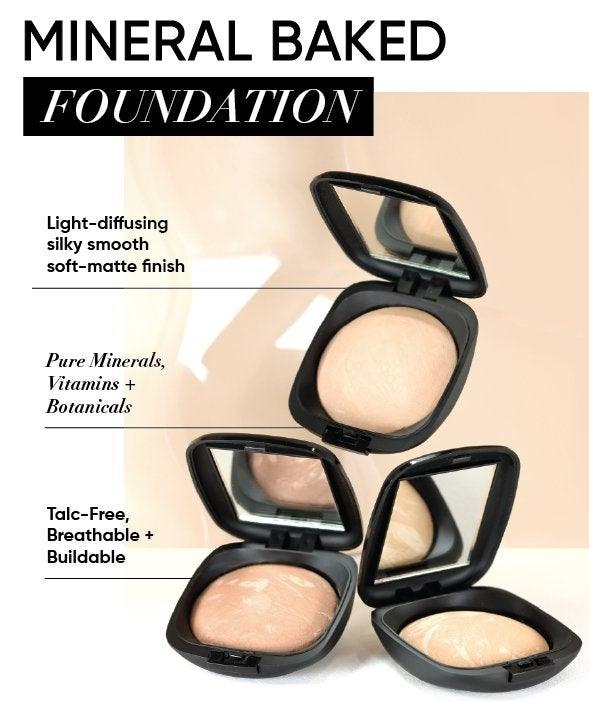 Australian-made mineral baked powder foundation offering buildable coverage with a weightless feel and soft-focus effect.